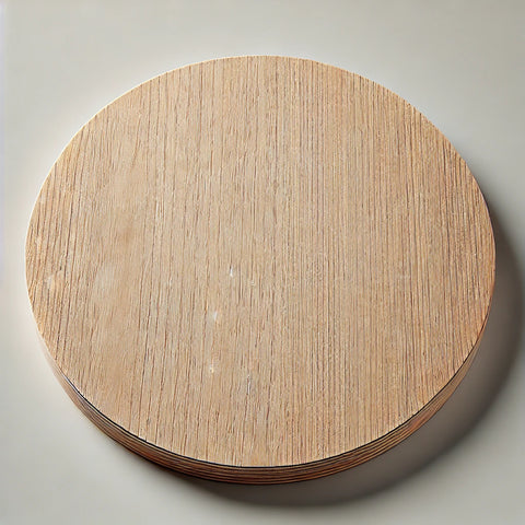 Blank plywood disc used for color sampling in woodworking and crafting projects.