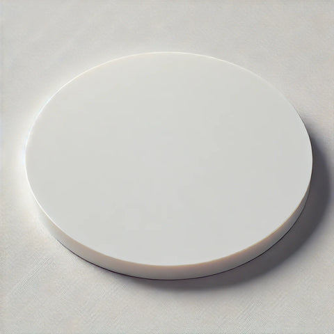 A glossy white acrylic disc with a smooth, shiny surface, highlighting a bright, reflective white color for sampling.